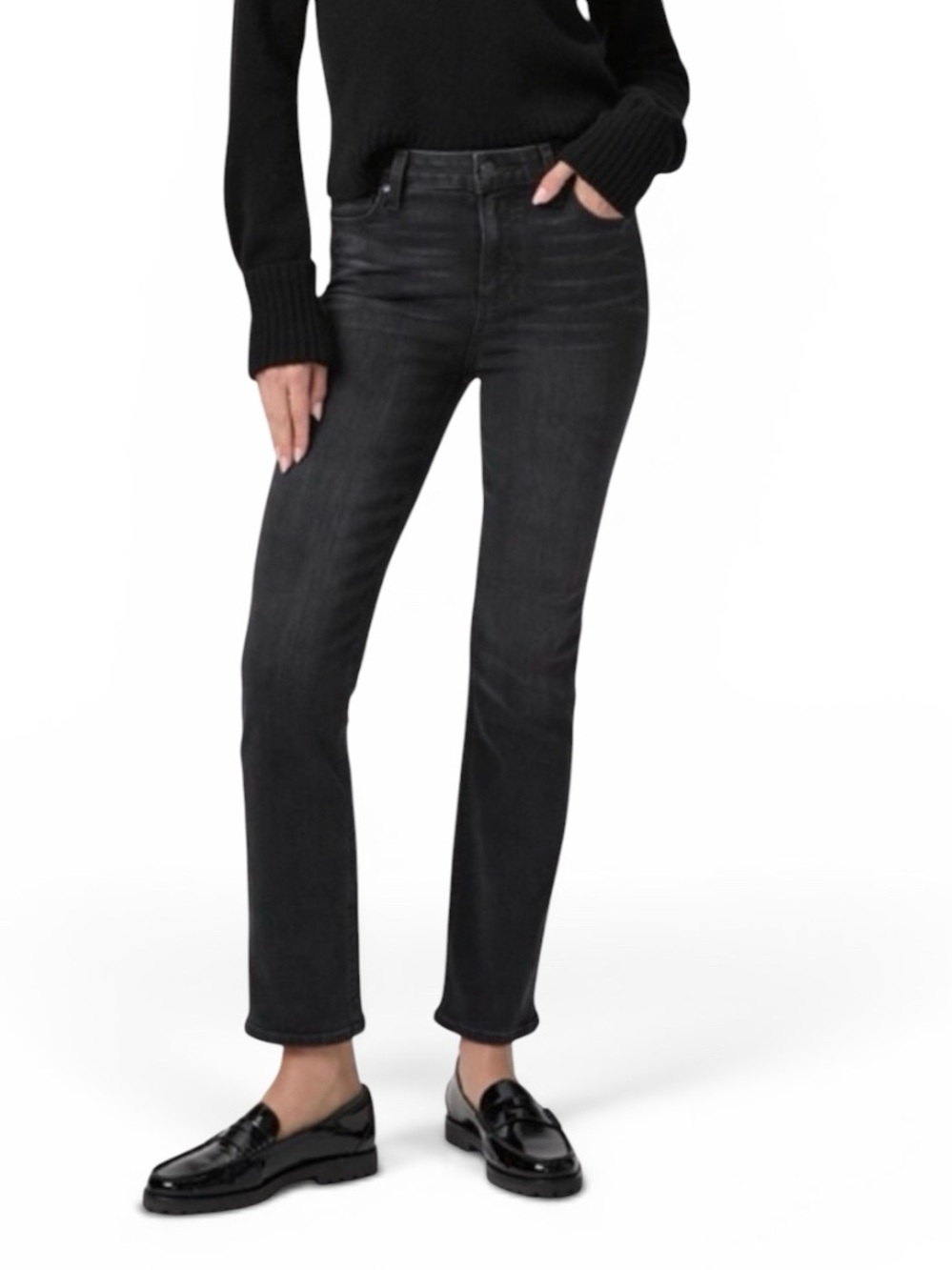 Paige Cindy High Rise Black Straight Leg Ankle Cotton Blend Denim Jeans, 32